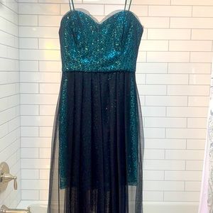 Strapless emerald dress with sheer black